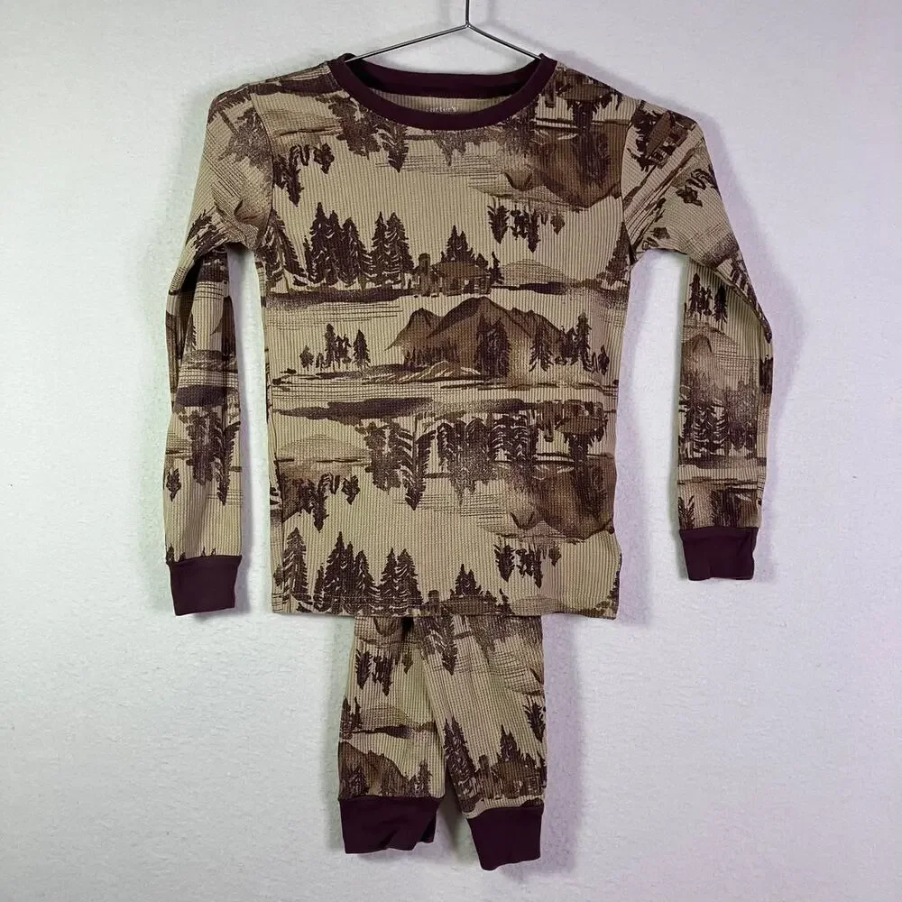 Carters Waffle Knit Thermal 2 Piece Pajama Set Kids 8 Brown Forrest Trees